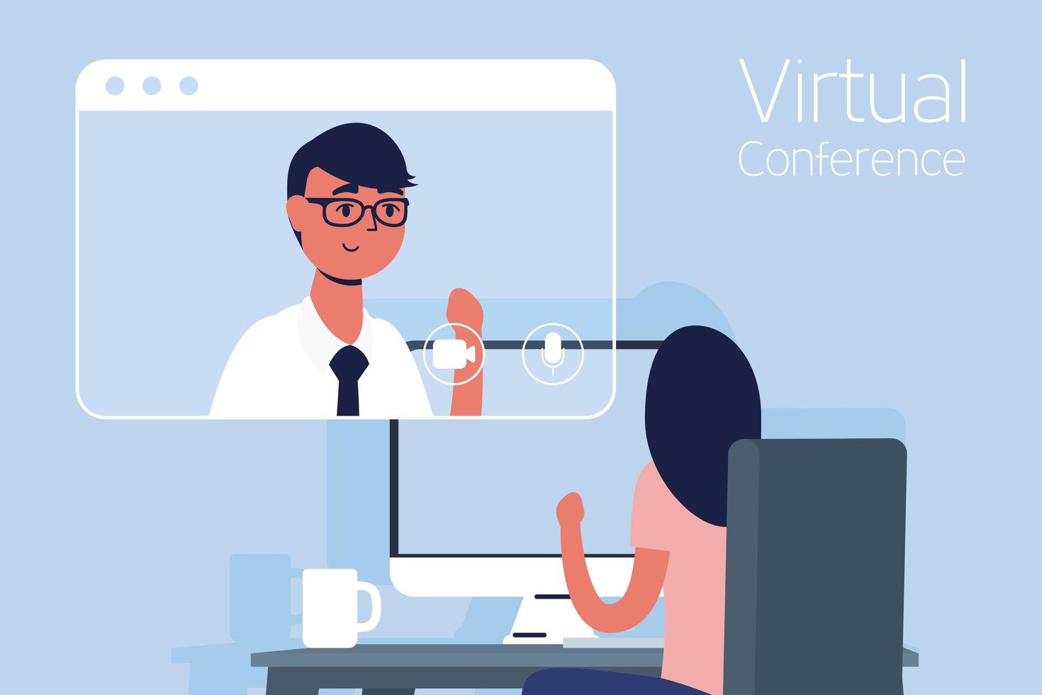 kvinna på datorn för ett virtuellt konferenssamtal vektor