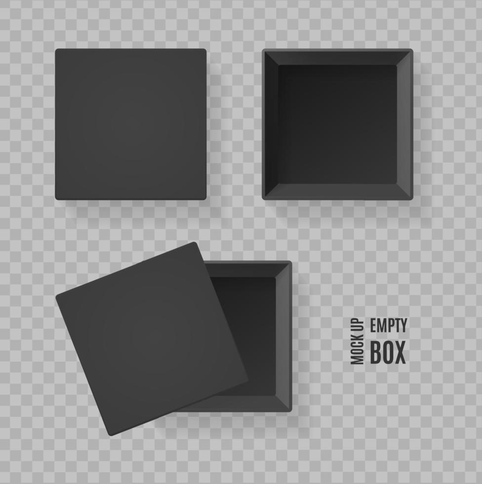 realistisches detailliertes 3d leeres schwarzes geschenkboxset. Vektor
