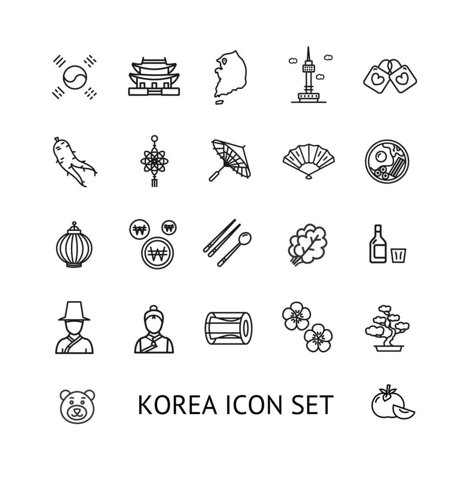 Korea Zeichen schwarze dünne Linie Symbolsatz. Vektor