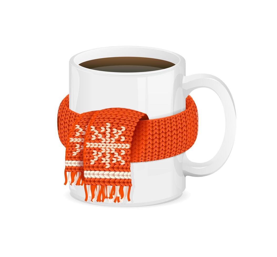 realistisk detaljerad 3d vit kaffe kopp i röd scarf. vektor