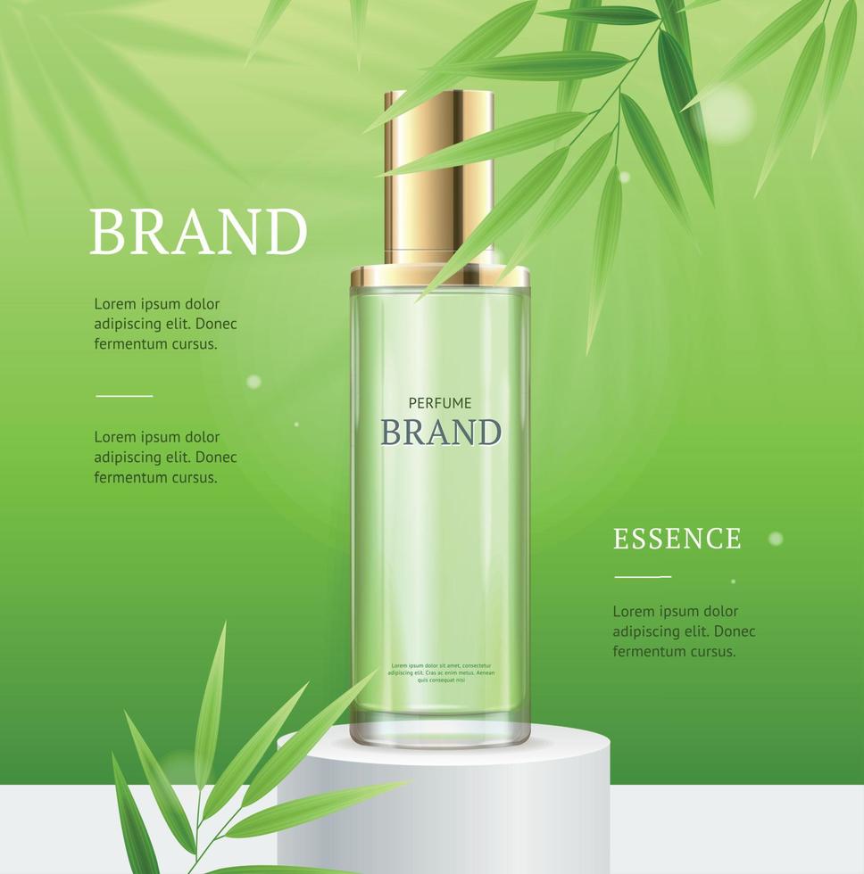 realistischer 3d-detaillierter parfümanzeigenkonzeptfahnenkartenhintergrund. Vektor