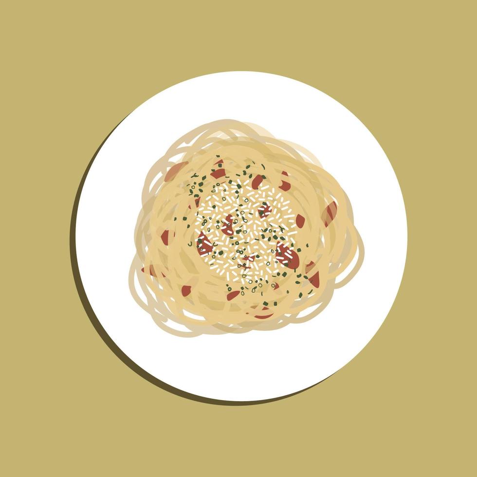 Carbonara-Nudeln, Spaghetti mit Pancetta, Ei, hartem Parmesankäse und Sahnesauce. traditionelle italienische küche. Nudeln alla Carbonara. lebensmittelillustrationskarikatur für plakatdesign vektor