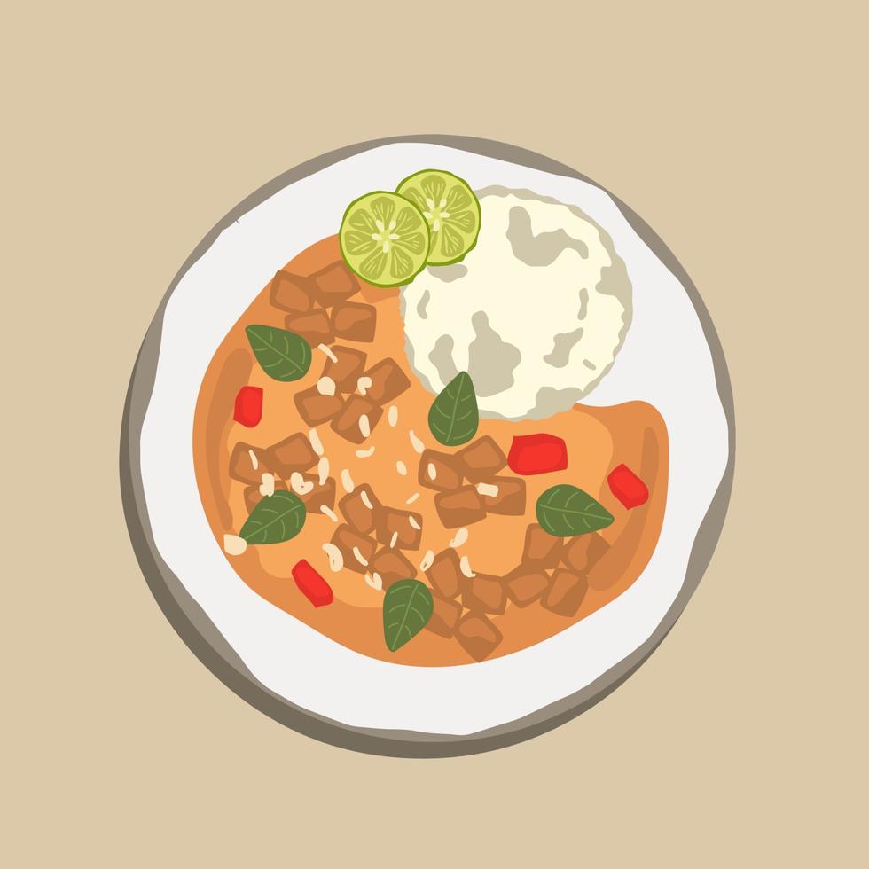 lebensmittelillustrationskarikatur, thai-curry-rote suppe, rotes curry der thailand-tradition mit rindfleisch-, schweinefleisch- oder hühnchenmenü im thailändischen name ist panaeng.curry-menü mit kokosmilch.panaeng-curry auf weißer platte vektor