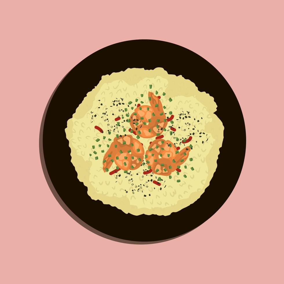köstliches Garnelenrisotto mit Parmesankäse und Petersilie. lebensmittelillustration, lebensmittelkarikatur. vektor