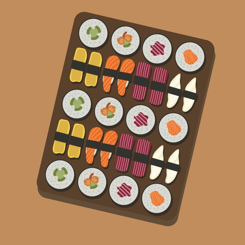 japansk sushi mat. maki ands rullar med tonfisk, lax, räka, krabba och avokado. topp se av blandad sushi. regnbåge sushi rulla, uramaki, Hosomaki och nigiri. mat illustration, mat tecknad serie. vektor