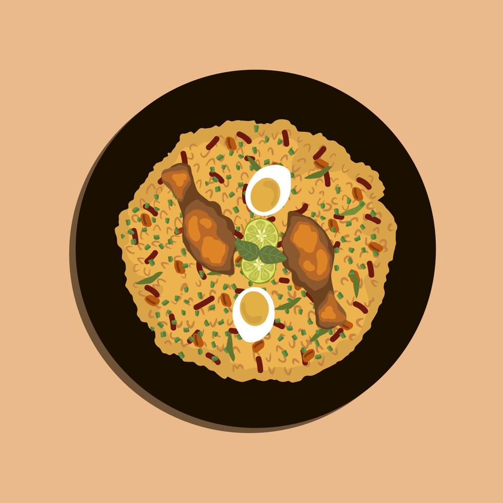 hühnchen biryani würzig indisch malabar biryani hyderabadi biryani, dum biriyani pulao golden bowl kerala indien sri lanka pakistan basmati reis gemischtes reisgericht mit fleisch curry ramadan kareem, eid vektor