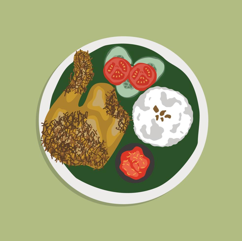 selektiv fokus ayam goreng längkuas eller eller ayam serundeng eller galangal friterad kyckling med curry löv som indonesiska mat. eras på vit tallrik. ayam serundeng mat illustration, mat tecknad serie. vektor