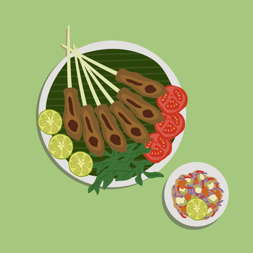 Sate Lilit ist ein Satay aus der balinesischen Küche. Dieser Satay wird aus Fisch und Hühnchen hergestellt, das dann mit Kokosraspeln, Zitronensaft, Schalotten und Pfeffer gemischt wird. lebensmittelillustration, lebensmittelkarikatur vektor