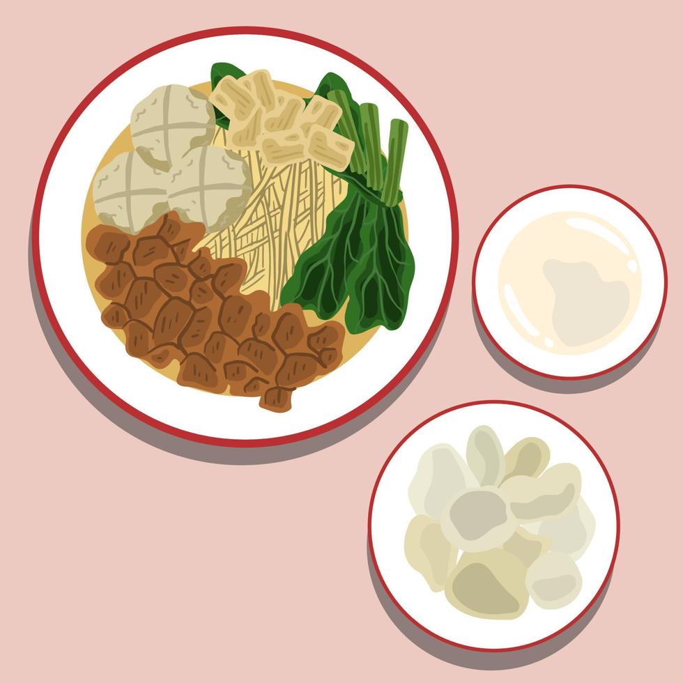 Nudeln mit Hähnchen in weißer Schüssel und Holzstäbchen mit Hähnchenstreifen, Gemüse, Fleischbällchen, Chilisauce und salzigem Knuspercracker. Mie Ayam indonesische Nudeln. Lebensmittel-Illustrationsvektor vektor