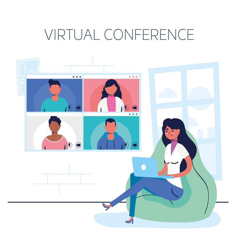 kvinna på den bärbara datorn för ett virtuellt konferenssamtal vektor