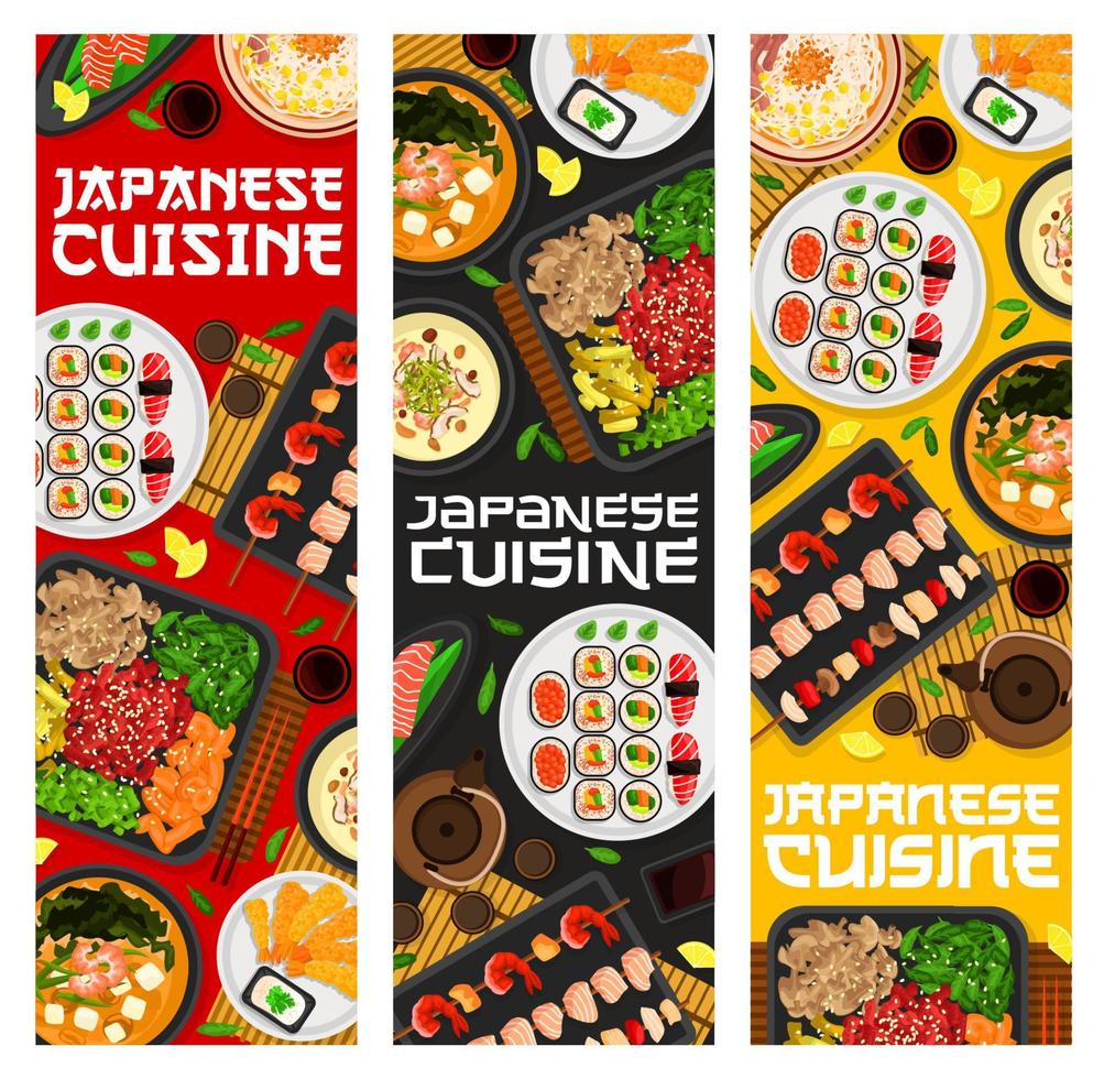 japansk kök måltider banderoller, japan mat maträtter vektor