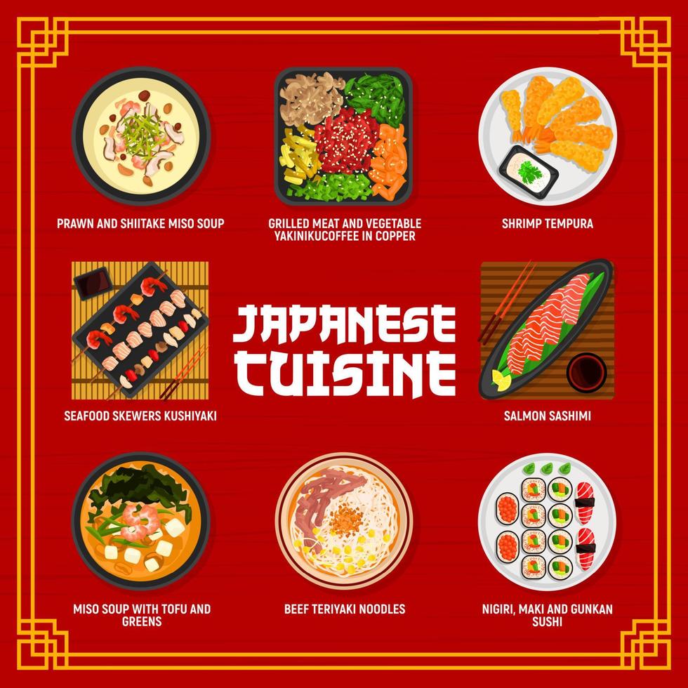 japansk kök meny, asiatisk mat maträtter och måltider vektor