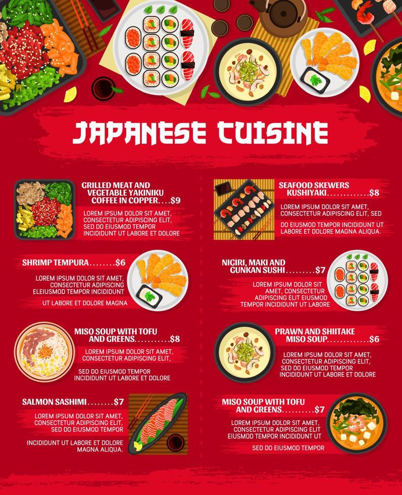 japansk kök meny, restaurang maträtter och måltider vektor