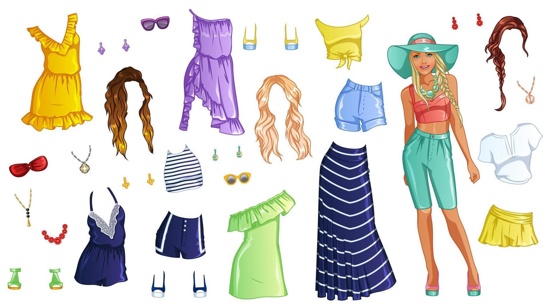 karibikkreuzfahrt papierpuppe mit schöner dame, outfits, frisuren und accessoires. Vektor-Illustration vektor