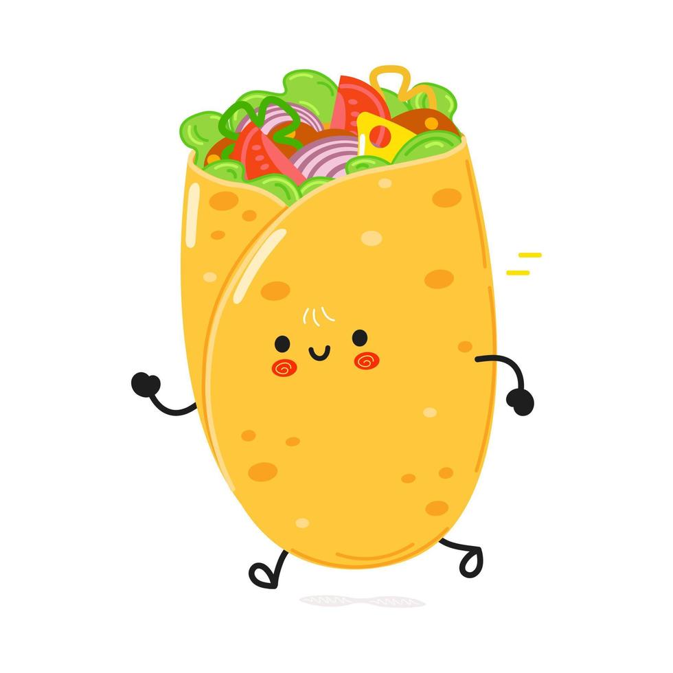 süßer lustiger laufender burrito. vektor hand gezeichnete karikatur kawaii charakter illustration symbol. isoliert auf weißem Hintergrund. Burrito-Konzept ausführen