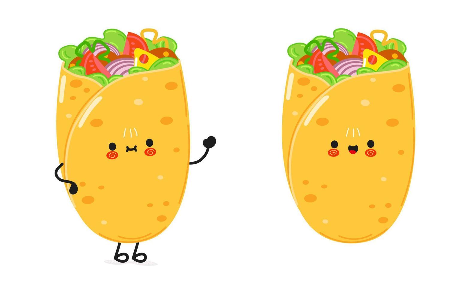 süßer lustiger burrito winkender handcharakter. vektor hand gezeichnete karikatur kawaii charakter illustration symbol. isoliert auf weißem Hintergrund. Burrito-Charakter-Konzept