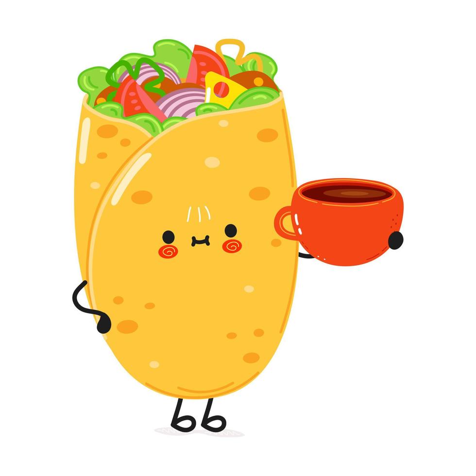 söt burrito med kopp av te. vektor hand dragen klotter stil tecknad serie karaktär illustration ikon design. kort med söt Lycklig burrito