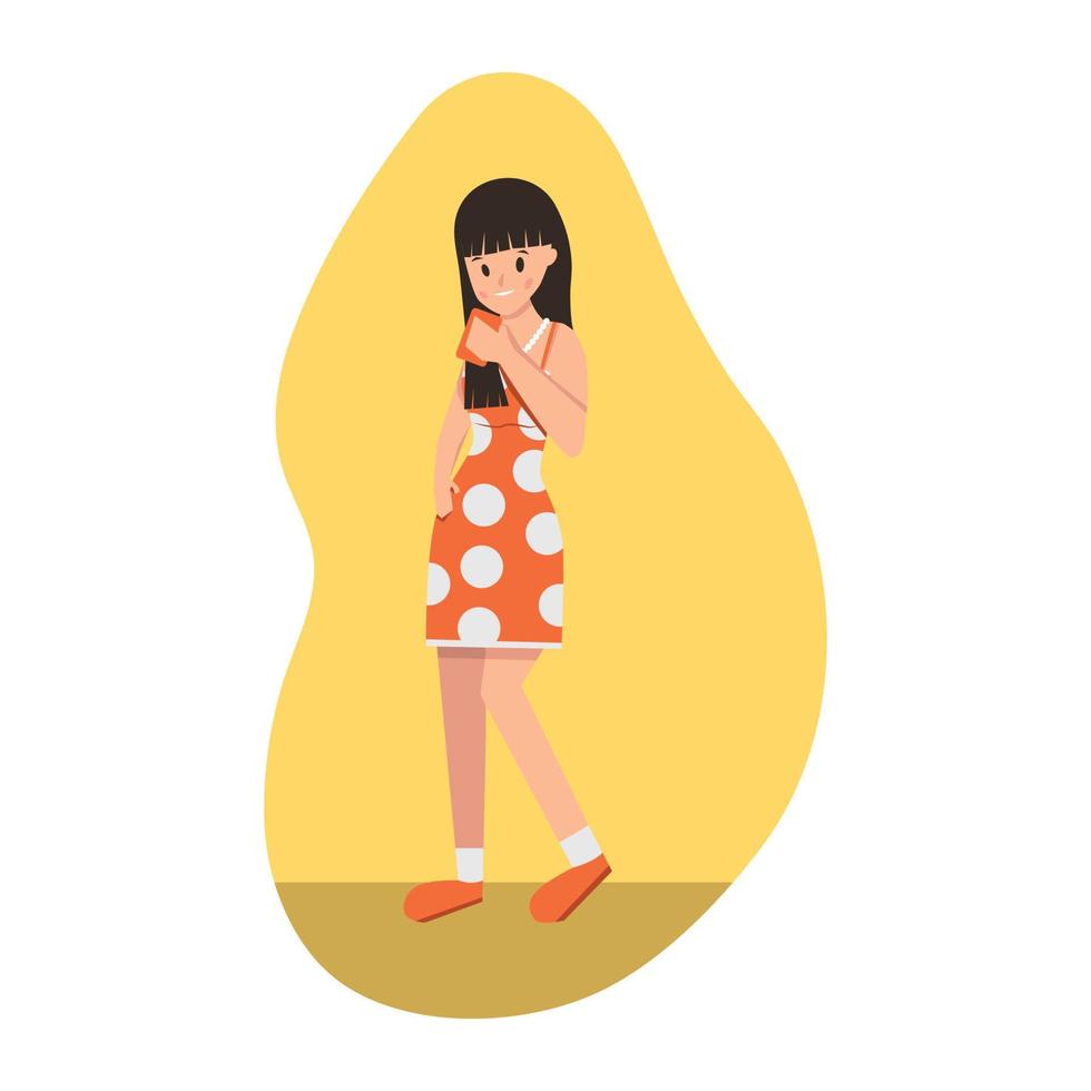 platt tecknad serie karaktär av Lycklig kvinna innehav mobil telefon vektor
