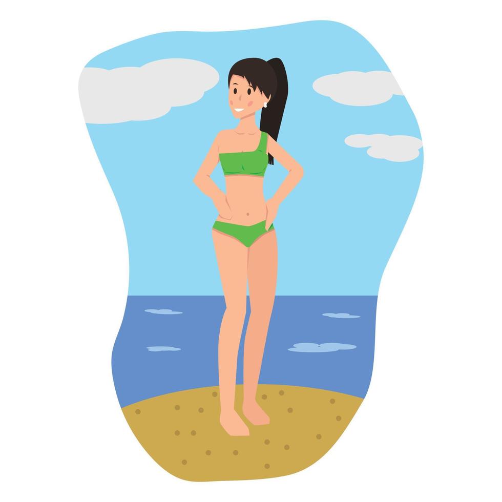 platt tecknad serie karaktär av bikini underbar kvinna i baddräkt vektor