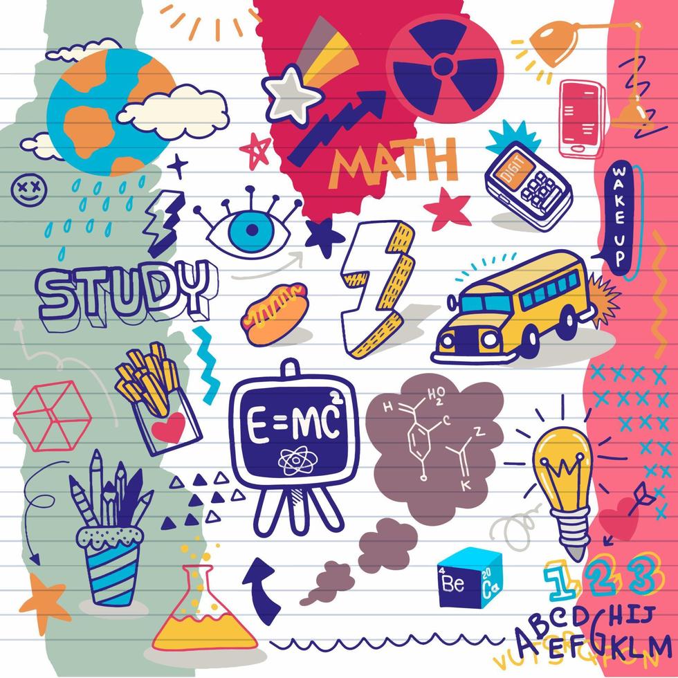 Schulcliparts. Vektor-Doodle-Schulsymbole und -symbole. Hand dra vektor