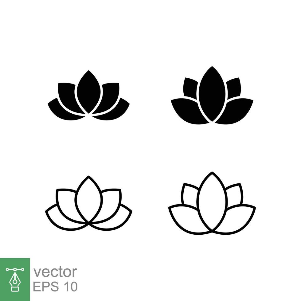 lotus växt ikon uppsättning. enkel fast och översikt stil. harmoni symbol, koppla av spa blomma, kronblad, blad, blomma, natur begrepp. glyf och linje vektor illustration isolerat på vit bakgrund. eps 10.