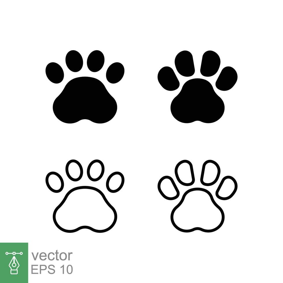 Pfotenabdruck-Icon-Set. einfacher fester und umrissstil. Fußabdruck, schwarze Silhouette, Hund, Katze, Haustier, Welpe, Tierfußkonzept. Glyphen- und Linienvektorillustration isoliert auf weißem Hintergrund. Folge 10. vektor