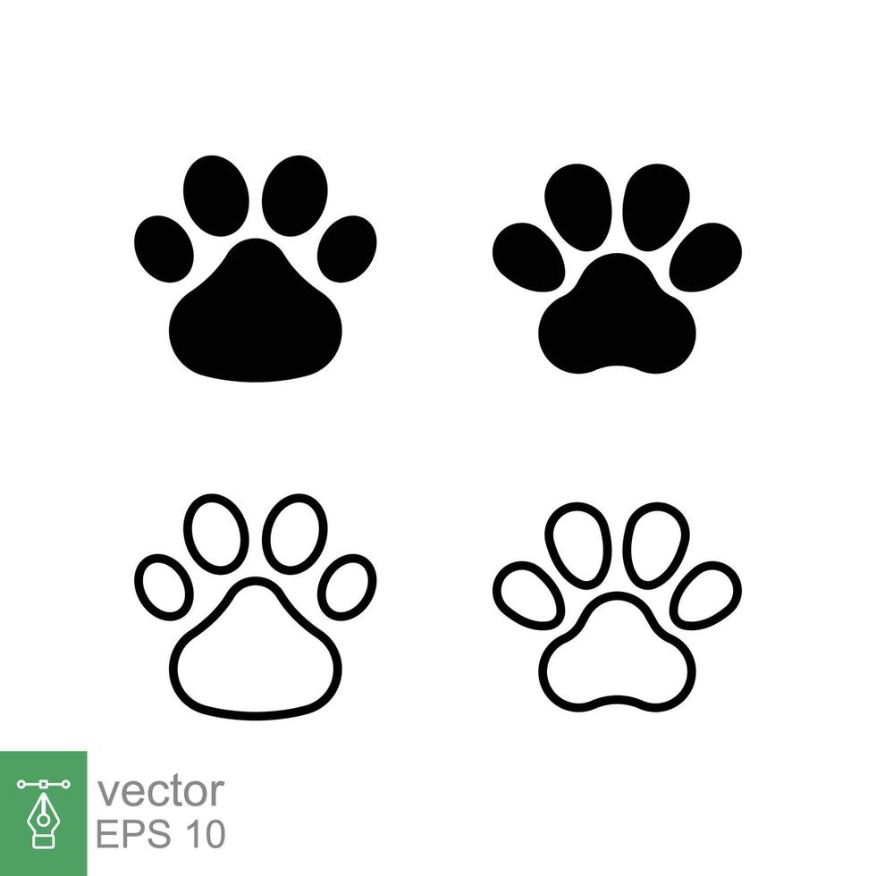 Pfotenabdruck-Icon-Set. einfacher fester und umrissstil. Fußabdruck, schwarze Silhouette, Hund, Katze, Haustier, Welpe, Tierfußkonzept. Glyphen- und Linienvektorillustration isoliert auf weißem Hintergrund. Folge 10. vektor