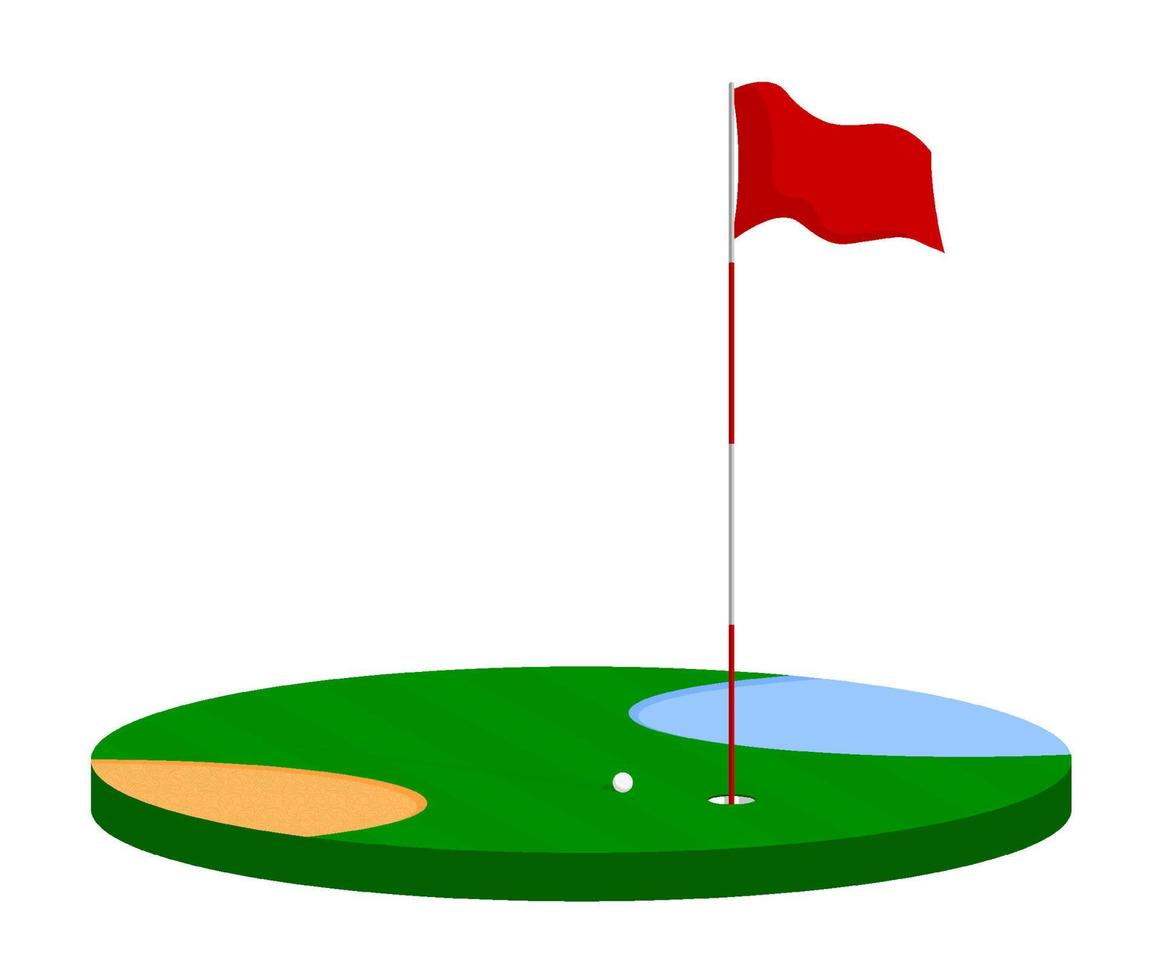 Golffahne auf der Stange auf der grünen Wiese. Golfloch auf mit Fahne markiertem Platz. aktiver Lebensstil. isometrischer Vektor isoliert auf weißem Hintergrund