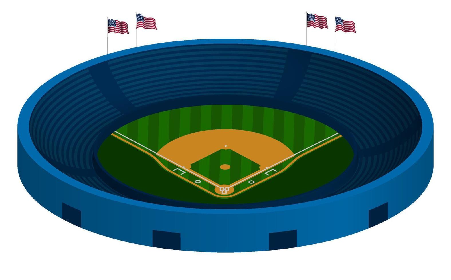 3D-Baseballstadion mit grünem Baseballfeld und Markierungslinien. Team-Sport. aktiver Lebensstil. amerikanischer Nationalsport. Vektor