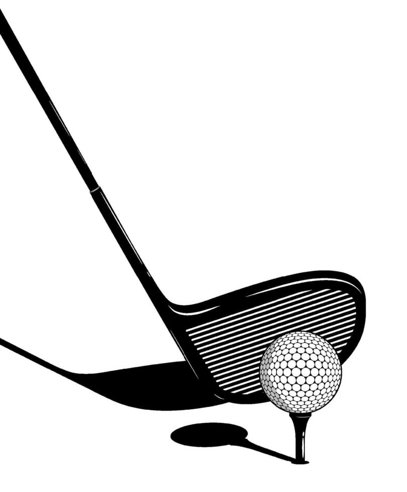 Golfschläger hinter dem Ball am Abschlag. Der Golfer zielt auf einen präzisen und kraftvollen Schlag. sportlicher Wettbewerb. Kontrastvektor vektor