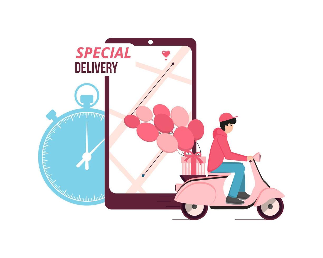 man på cykel med färgrik ballonger och smartphone. särskild leverans. vektor