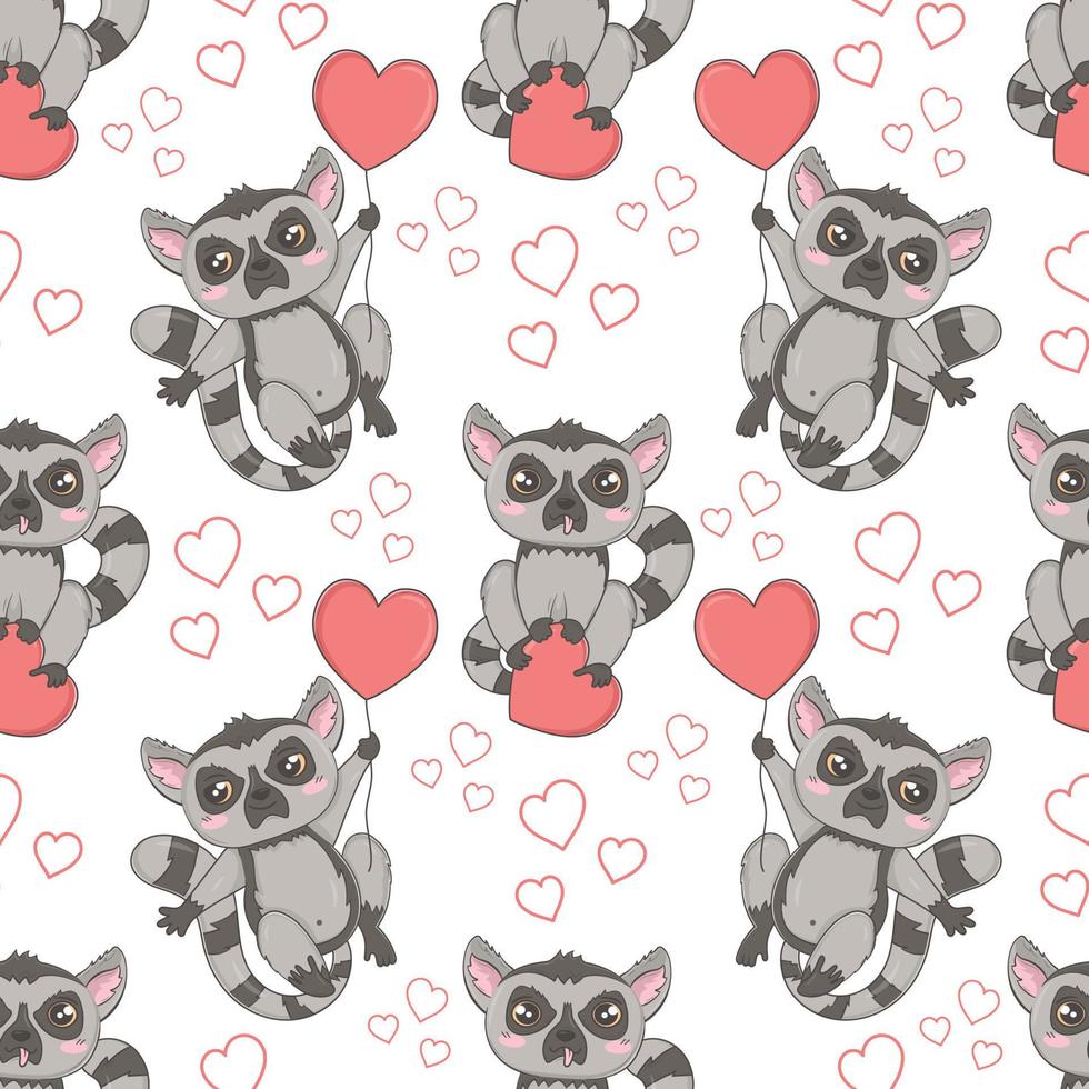 Nahtloses Muster mit niedlichen Lemuren zum Valentinstag im Cartoon-Stil für Kinder, Kinderbücher und Spiele, Druck. vektor
