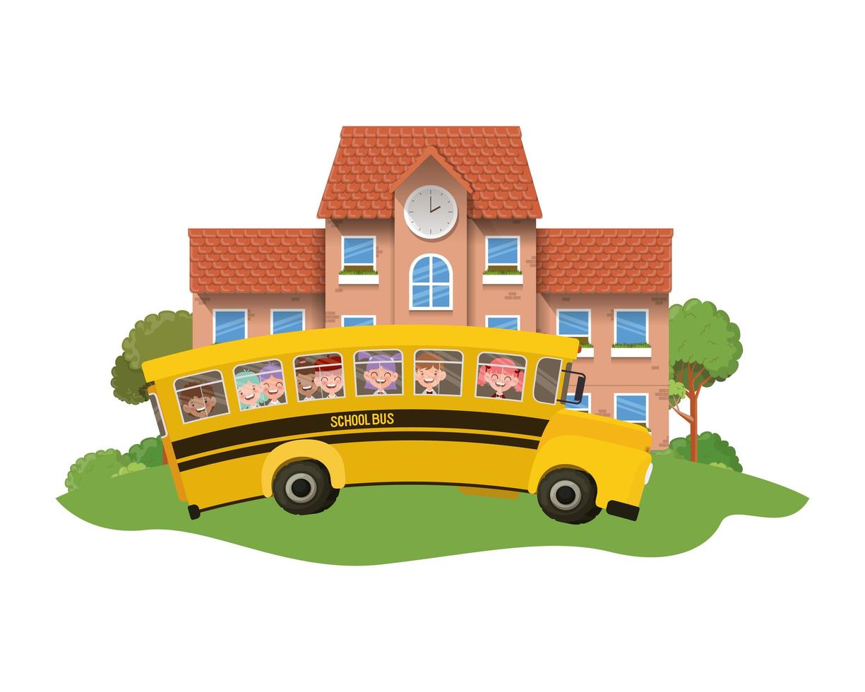 skolbyggnad av primär med buss i landskap vektor