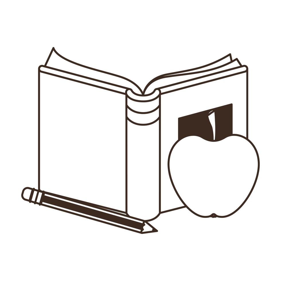 öppen bok med äppelfrukt och penna vektor
