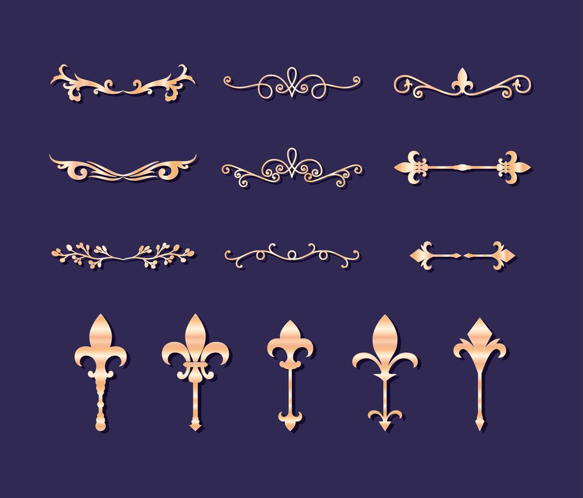 avdelare ornament guld stil ikonuppsättning design vektor