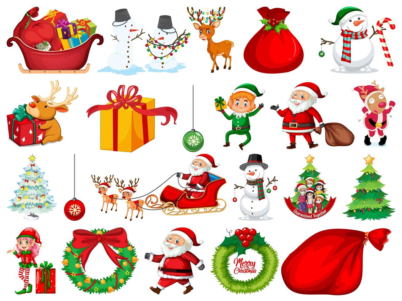Satz Weihnachtsmann-Zeichentrickfigur und Weihnachtsobjekte lokalisiert auf weißem Hintergrund vektor