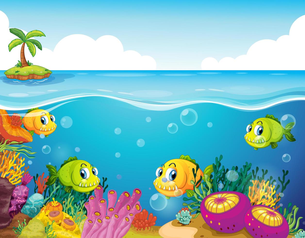 många exotiska fiskar seriefigur i undervattensscenen med koraller vektor