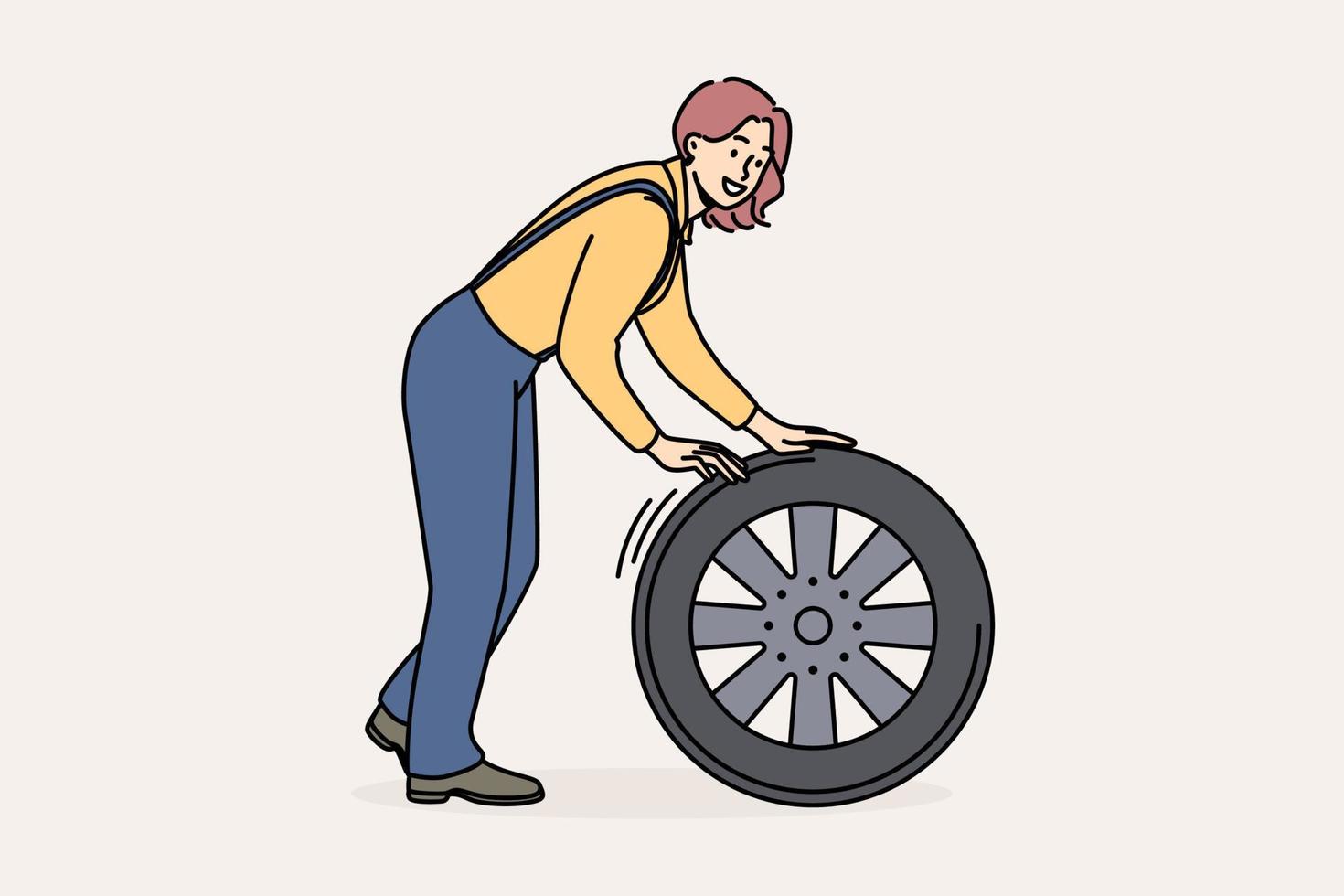 leende kvinna mekaniker med bil däck arbetssätt på bil reparera service. Lycklig kvinna ingenjör upptagen med hjul reparation bil. vektor illustration.