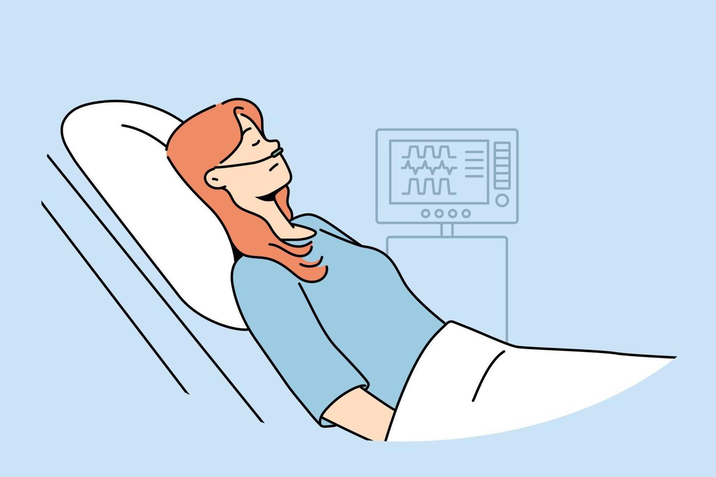 sjuk kvinna med syre liggande i sjukhus säng. ohälsosam kvinna patient resten i klinik, övervakas med elektronisk enheter. sjukvård och medicin. vektor illustration.