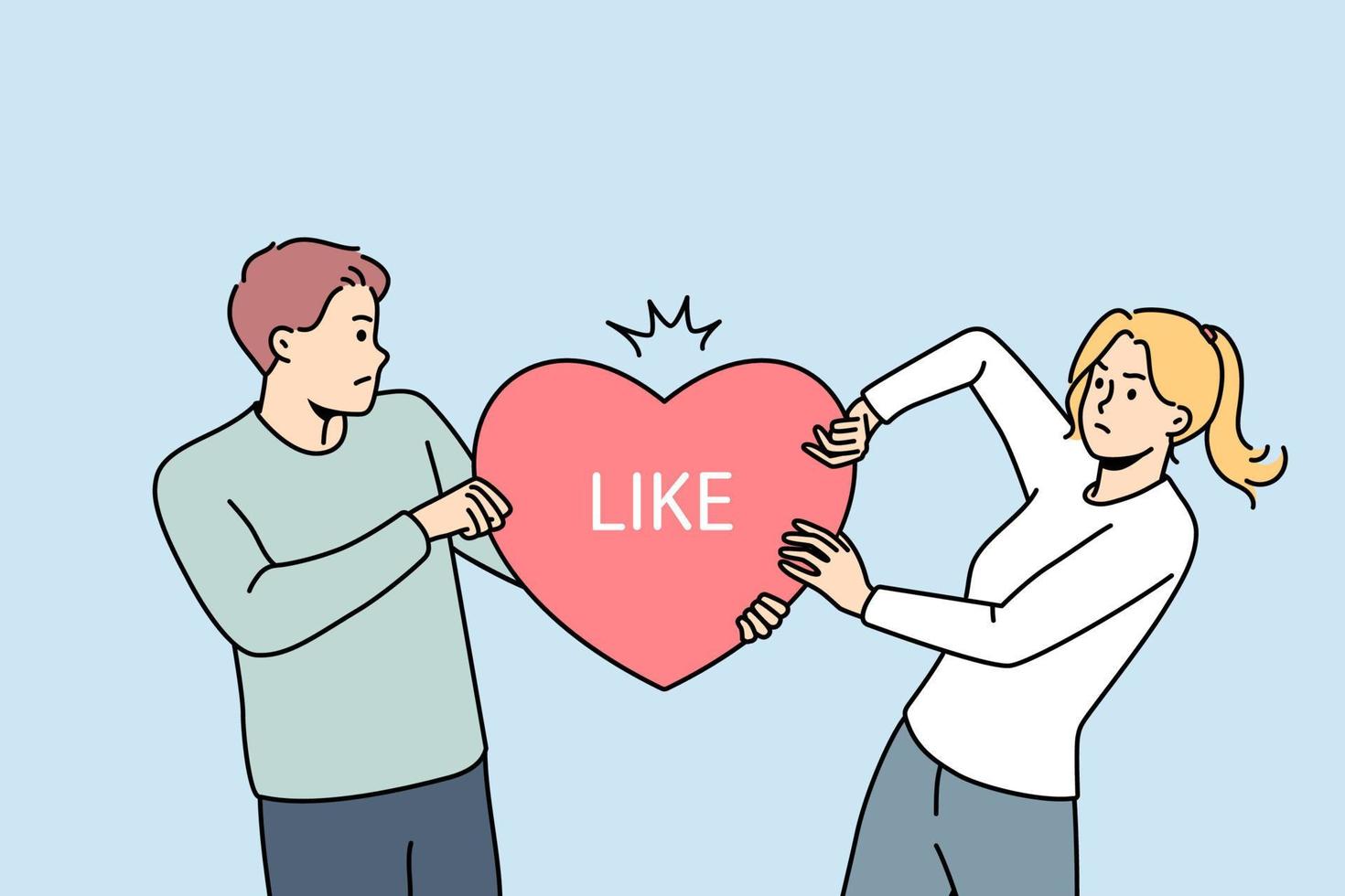 arg man och kvinna dela med sig gillar på social media. rasande manlig och kvinna påverkare riva hjärta symbol representerar popularitet på internet. rivalitet på webb. vektor illustration.