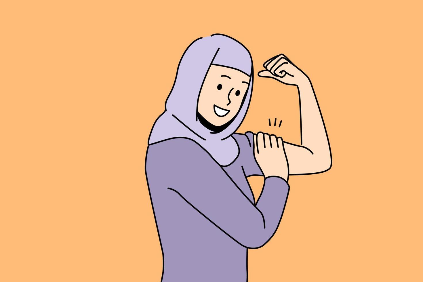 leende ung kvinna i hijab visa muskel demonstrera kraft. Lycklig arabicum kvinna känna kraftfull och stark. ledarskap begrepp. vektor illustration.