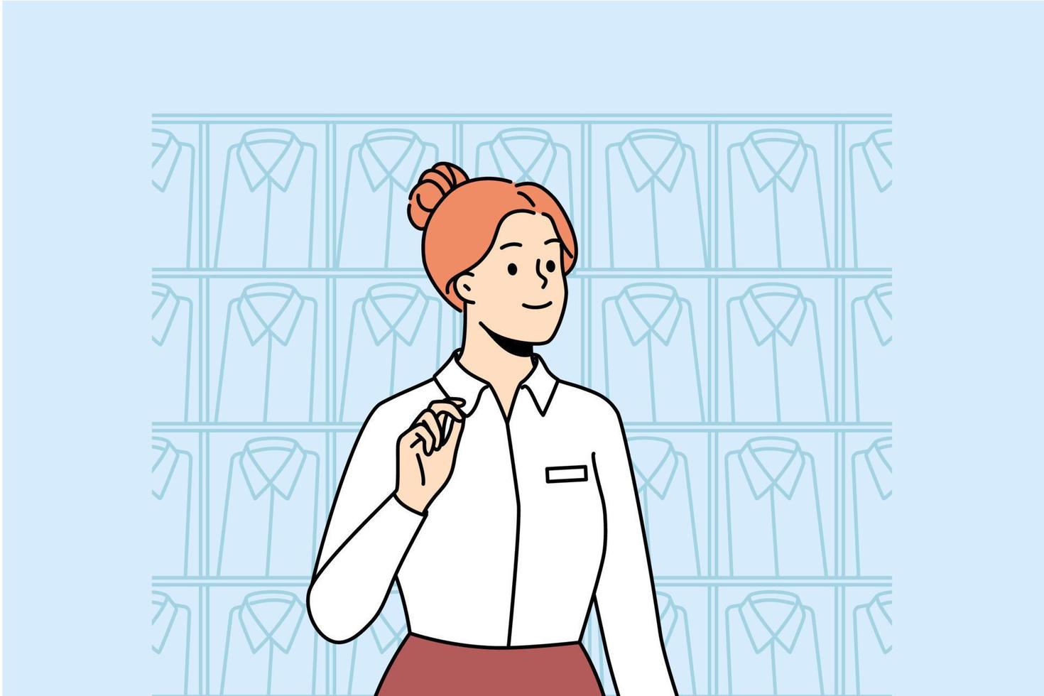 lächelnde Beraterin, die im Herrenbekleidungsgeschäft arbeitet. glückliche frau stylistin in uniform beschäftigt in boutique oder geschäft für männermode. Vektor-Illustration. vektor