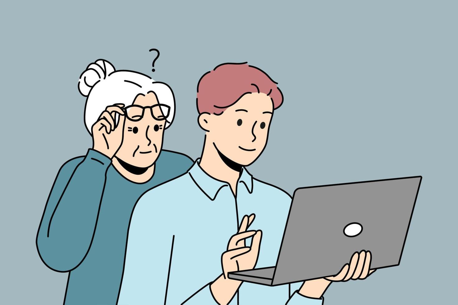 tusenåriga barnbarn hjälp förvirrad äldre mormor med bärbar dator problem. omtänksam kille hjälpa mogna mormor med beräkna. äldre och teknologi. vektor illustration.