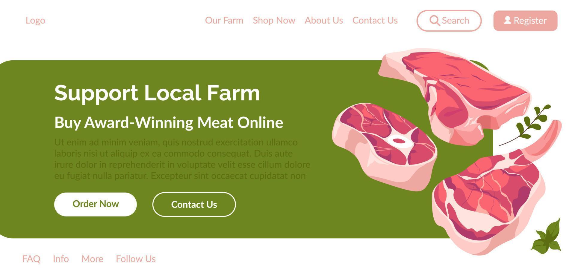 Unterstützen Sie den lokalen Bauernhof, kaufen Sie Fleisch online, Website-Seite vektor
