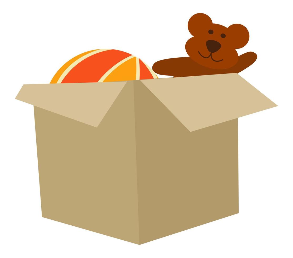 Box mit Kinderspielzeug, Plüschbär und Ballonkugel vektor