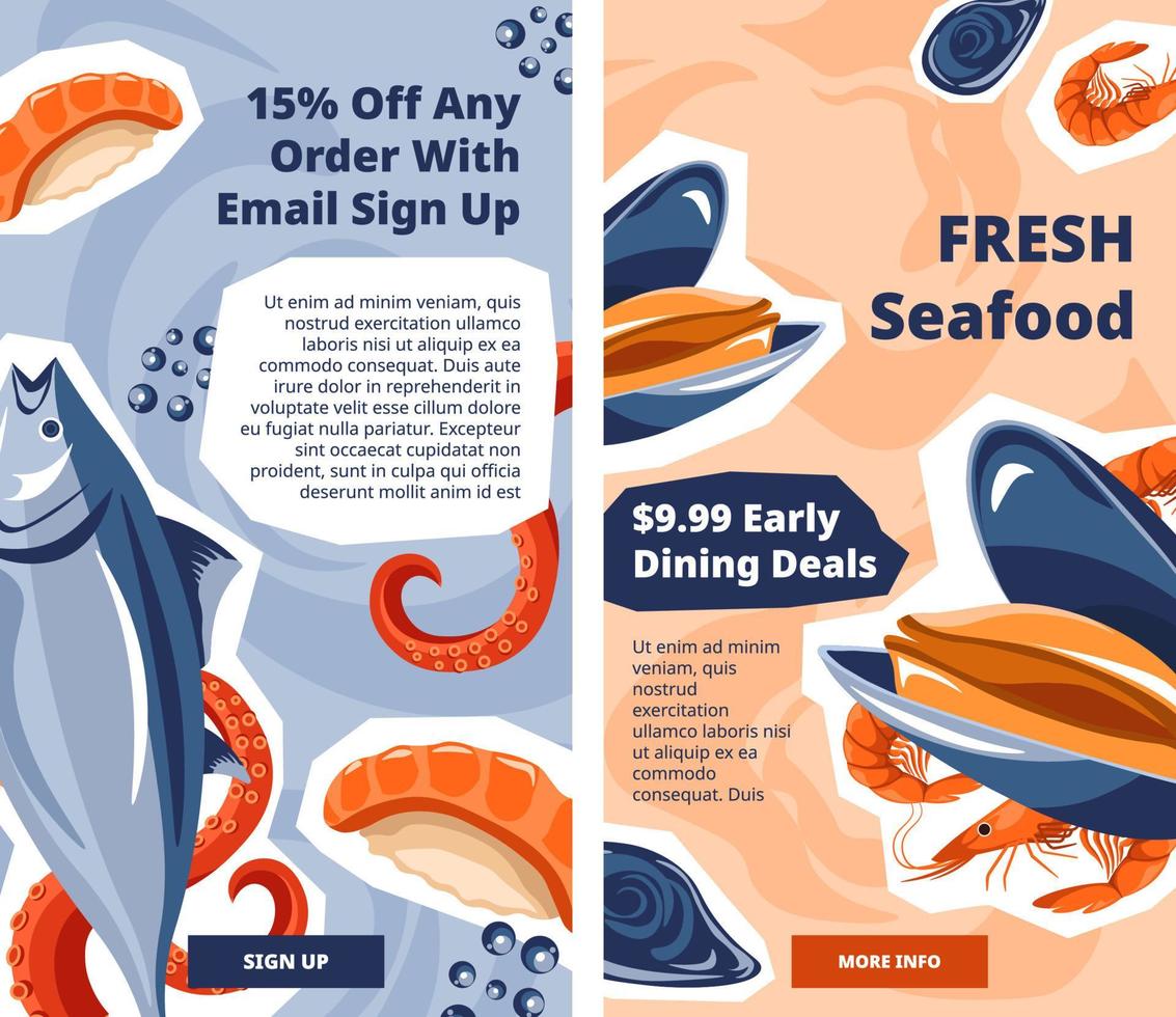 färsk skaldjur, beställa med e-post tecken upp hemsida vektor