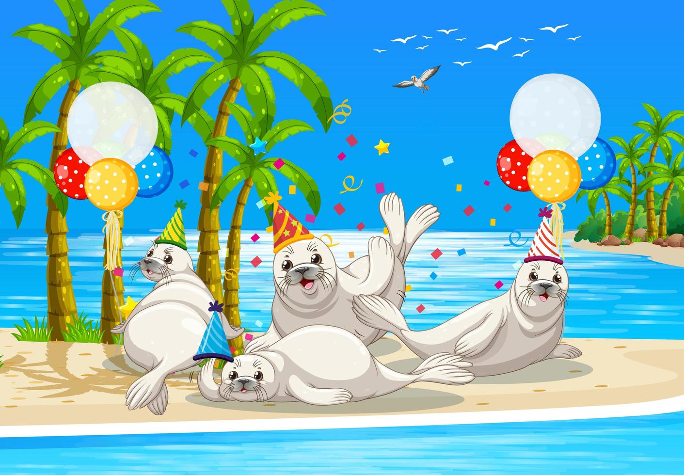 Siegelgruppe in der Partythema-Zeichentrickfigur auf Strandhintergrund vektor