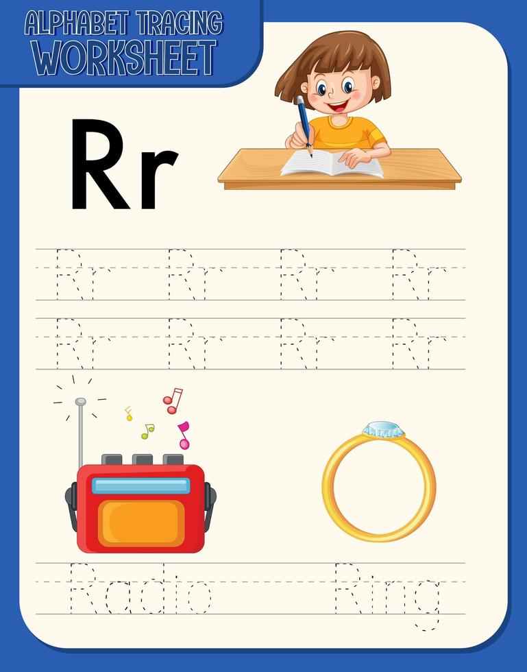 alfabetet spårning kalkylblad med bokstaven r och r vektor