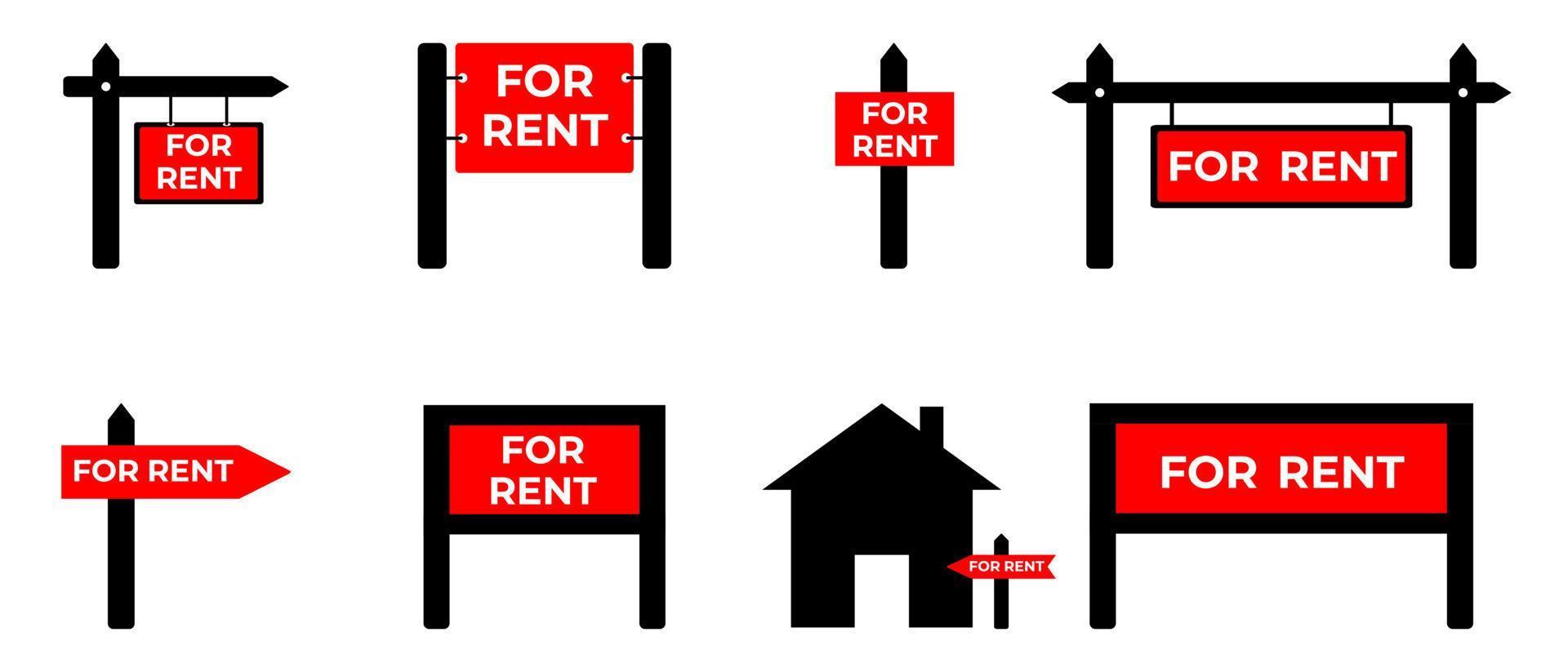 Zeichen der Immobilienmiete. Vektor rotes Schild zu vermieten. Reihe von flachen Symbolen