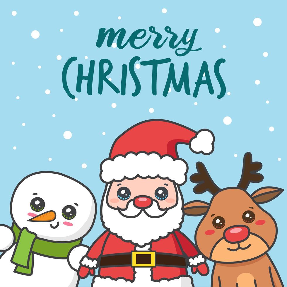 kawaii Weihnachtskarte mit Weihnachtsmann und Freunden vektor